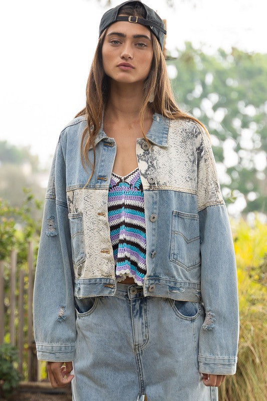 Snake Skin Button Down Denim Jacket